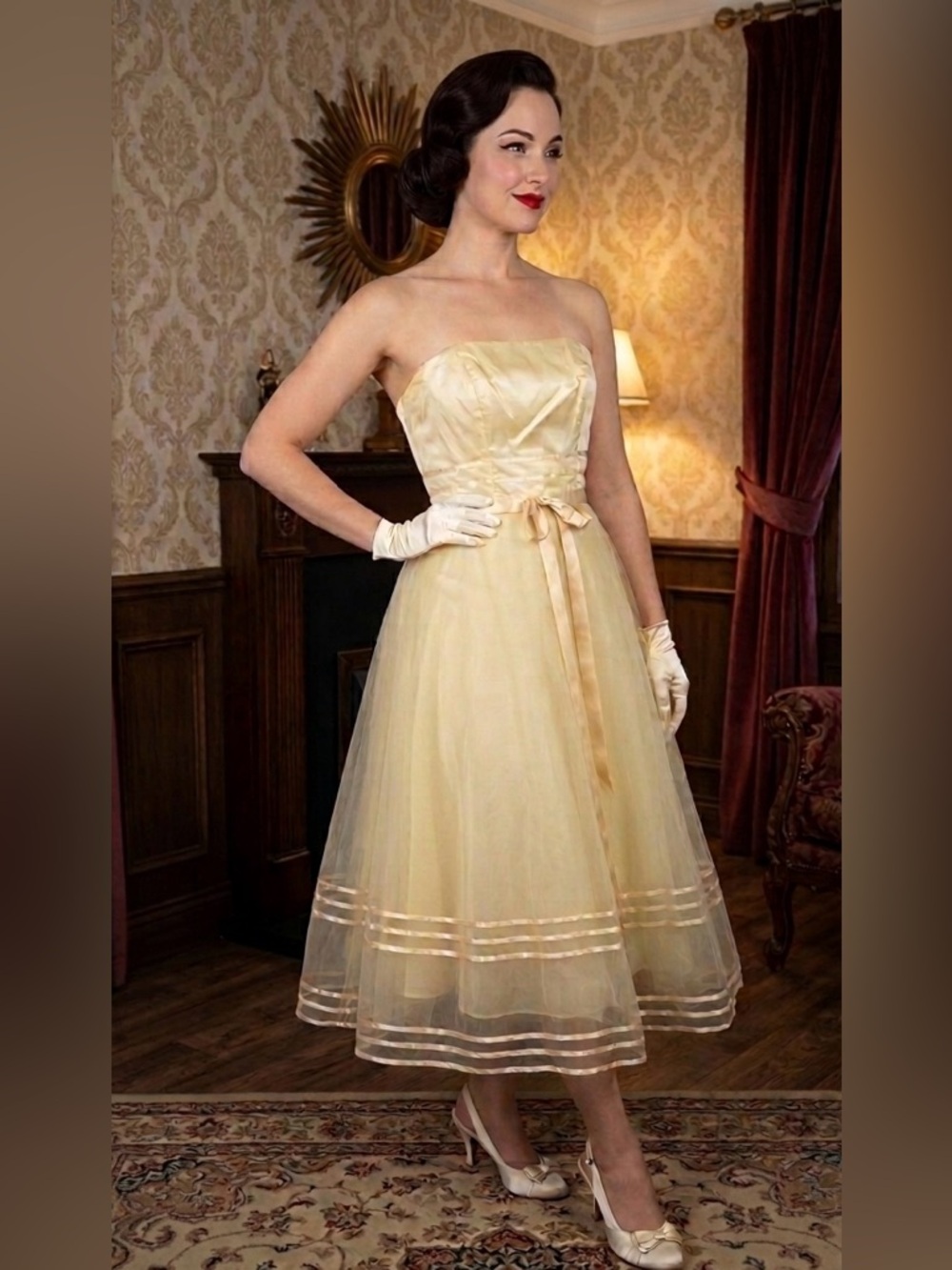 Vintage-Inspired Strapless Yellow Tea Dress